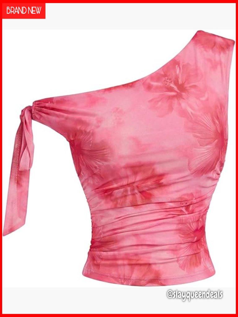 One Shoulder Crop Top Asymmetrical Sleeveless Mesh Tie Dye Floral Blouse